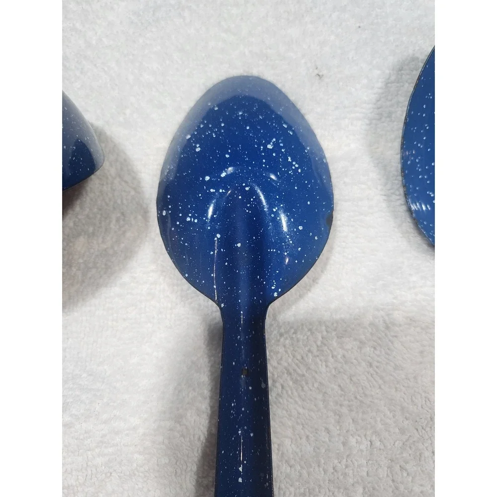 Vintage~Enamel lot~chuckwagon~blue metal splatterware~Skimmer~ Ladle~2 Spoons